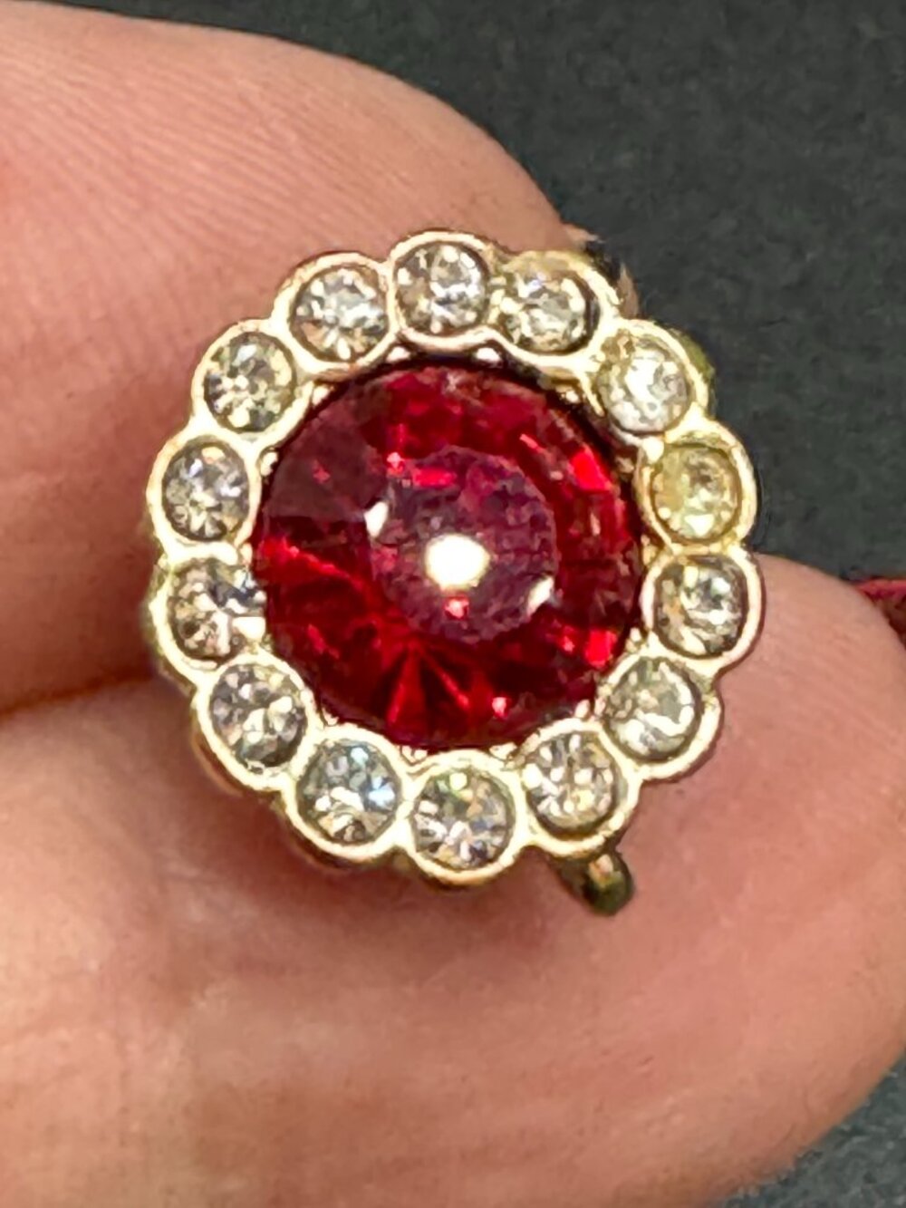 Gold Tone Stud Earrings Pierced Red and Clear Rhinestone - Picture 4 of 10